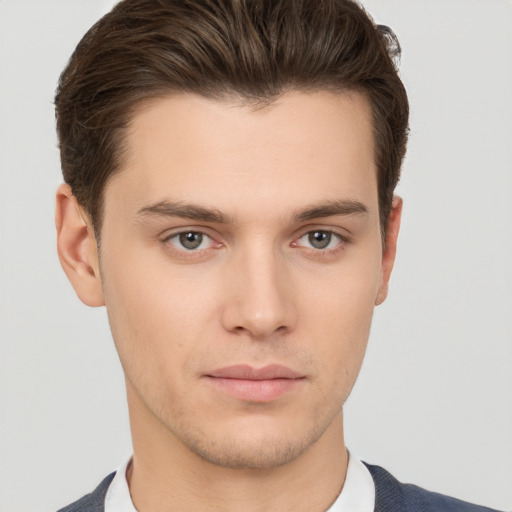 Neutral white young-adult male with short  brown hair and brown eyes