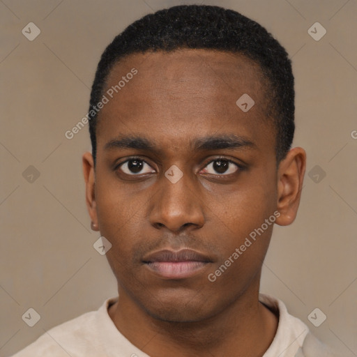 Neutral black young-adult male with short  black hair and brown eyes