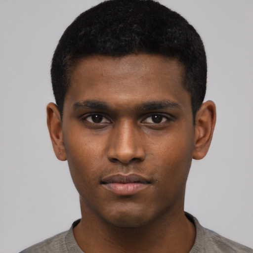 Neutral black young-adult male with short  black hair and brown eyes