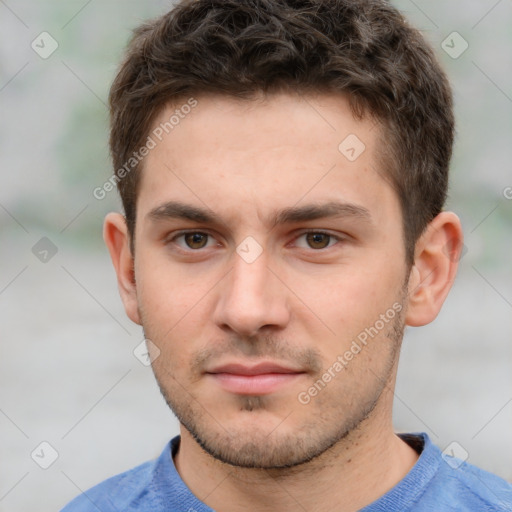 Neutral white young-adult male with short  brown hair and grey eyes