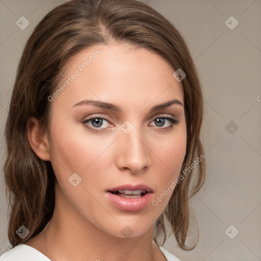 Neutral white young-adult female with medium  brown hair and brown eyes