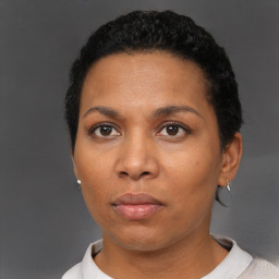 Neutral black adult female with short  black hair and brown eyes