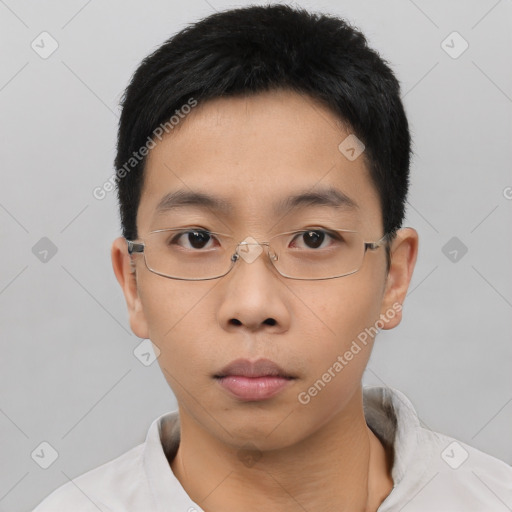 Neutral asian young-adult male with short  black hair and brown eyes