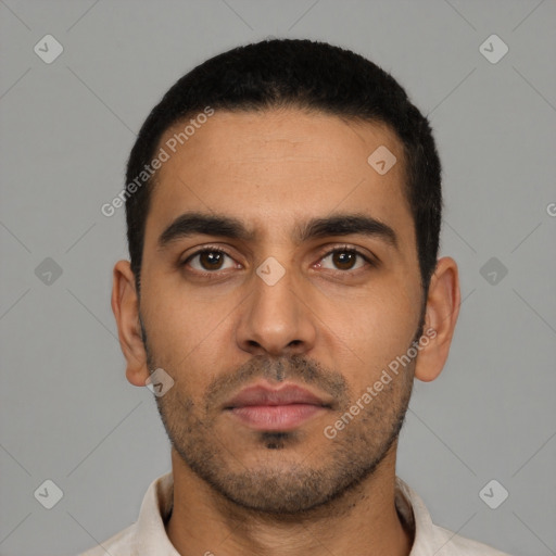Neutral latino young-adult male with short  black hair and brown eyes