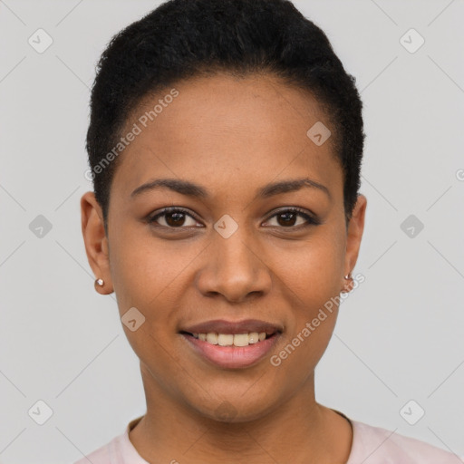 Joyful latino young-adult female with short  black hair and brown eyes