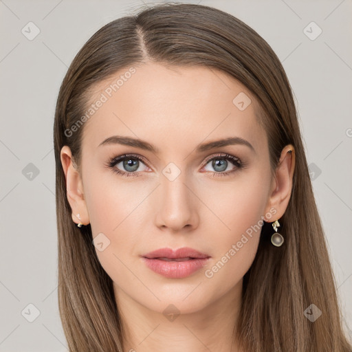 Neutral white young-adult female with long  brown hair and brown eyes