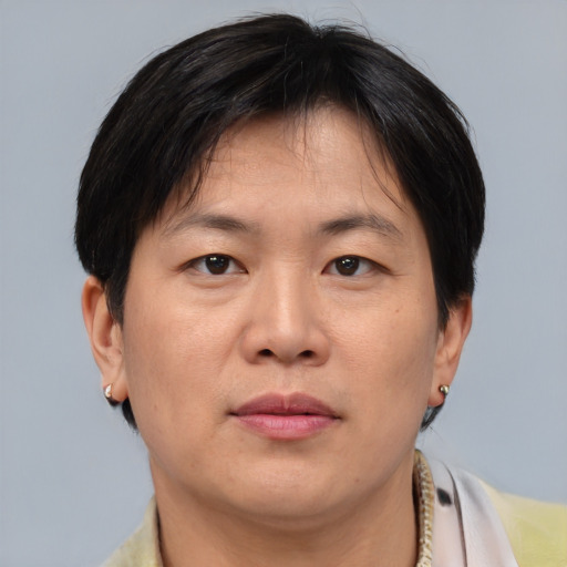Neutral asian adult male with short  brown hair and brown eyes