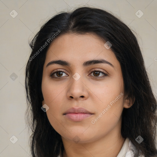 Neutral asian young-adult female with long  brown hair and brown eyes