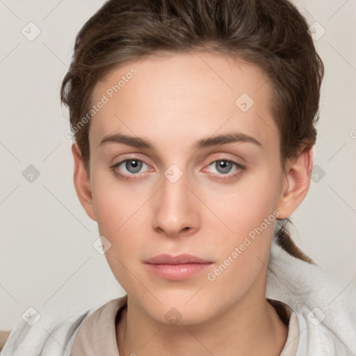 Neutral white young-adult female with short  brown hair and brown eyes