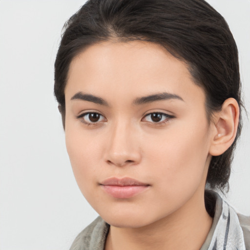 Neutral asian young-adult female with long  brown hair and brown eyes