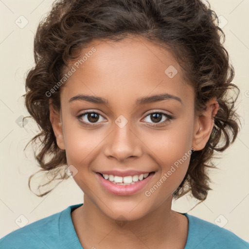 Joyful white child female with medium  brown hair and brown eyes