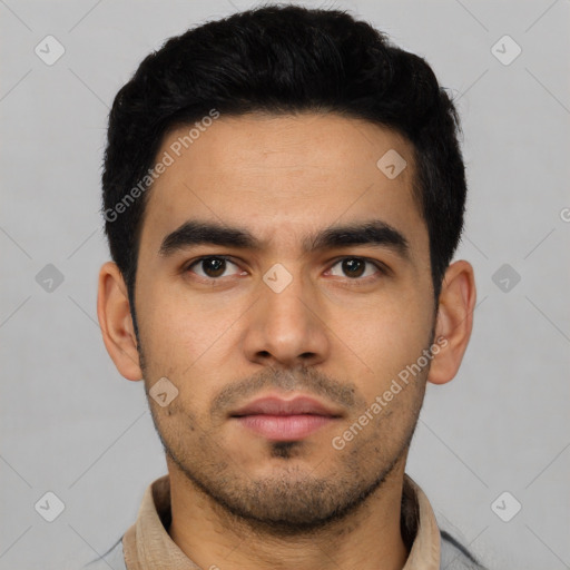 Neutral latino young-adult male with short  black hair and brown eyes