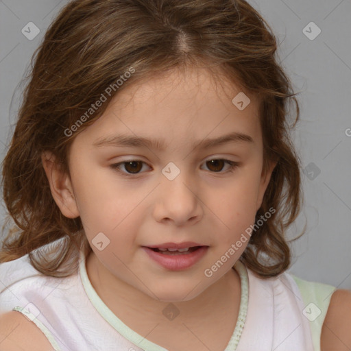 Joyful white child female with medium  brown hair and brown eyes