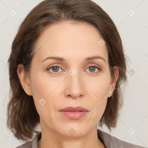 Neutral white young-adult female with medium  brown hair and grey eyes