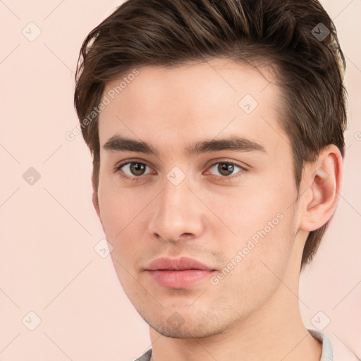 Neutral white young-adult male with short  brown hair and brown eyes