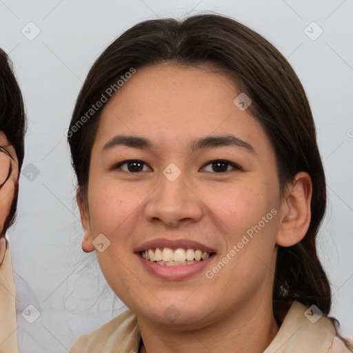 Joyful white young-adult female with medium  brown hair and brown eyes