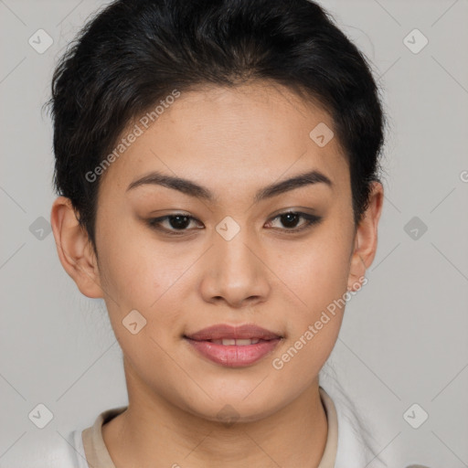 Joyful asian young-adult female with short  brown hair and brown eyes