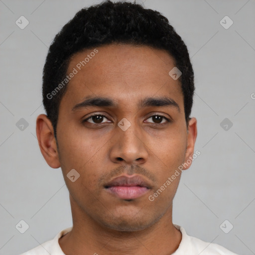 Neutral latino young-adult male with short  black hair and brown eyes