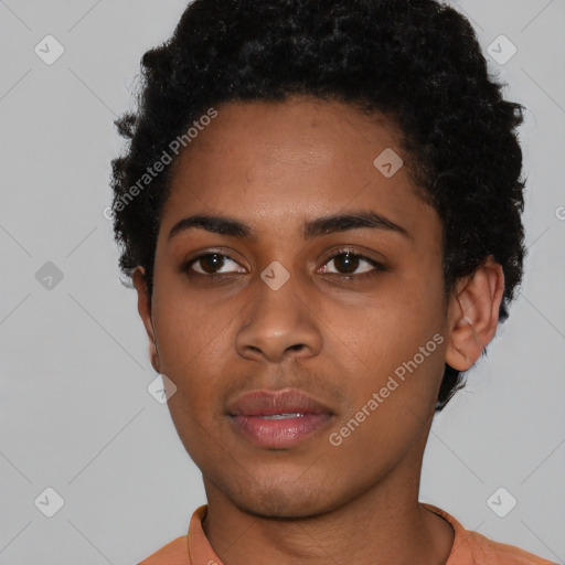 Neutral black young-adult female with short  black hair and brown eyes