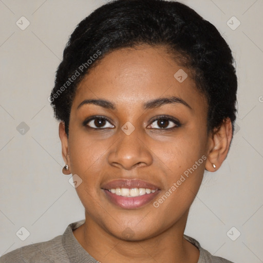 Joyful latino young-adult female with short  black hair and brown eyes