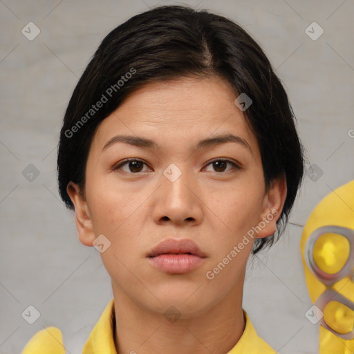 Neutral asian young-adult female with short  brown hair and brown eyes