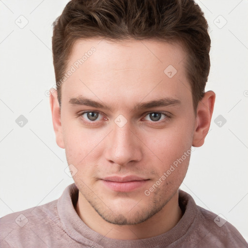 Neutral white young-adult male with short  brown hair and grey eyes