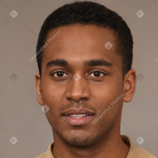Neutral black young-adult male with short  black hair and brown eyes