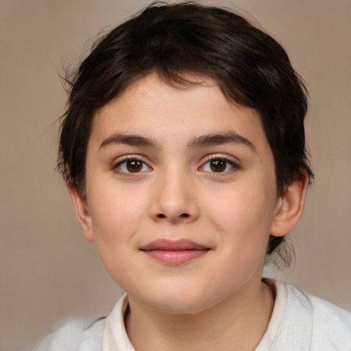 Joyful white child female with medium  brown hair and brown eyes