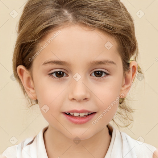 Joyful white child female with medium  brown hair and brown eyes