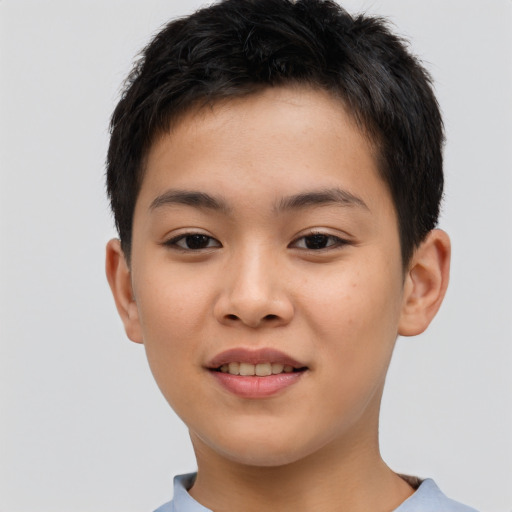 Joyful asian child male with short  brown hair and brown eyes