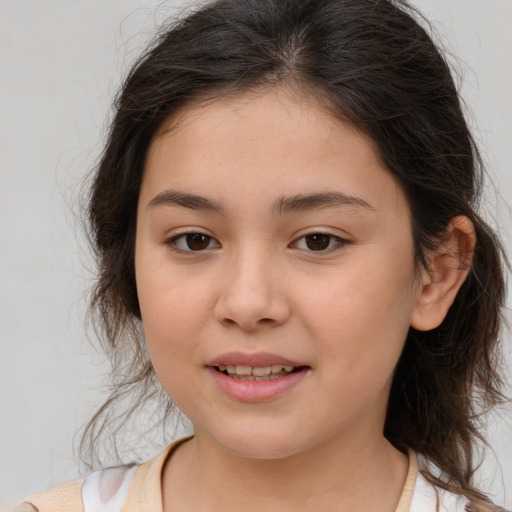 Joyful white child female with medium  brown hair and brown eyes