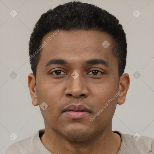 Neutral latino young-adult male with short  black hair and brown eyes