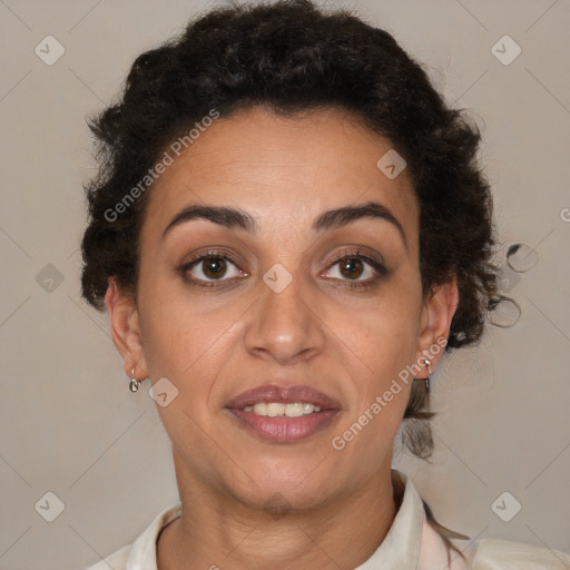 Joyful latino young-adult female with short  brown hair and brown eyes