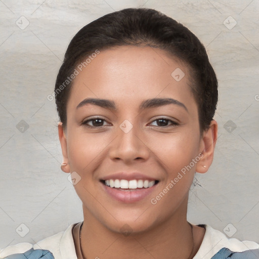 Joyful white young-adult female with short  brown hair and brown eyes