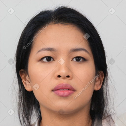 Neutral asian young-adult female with medium  black hair and brown eyes