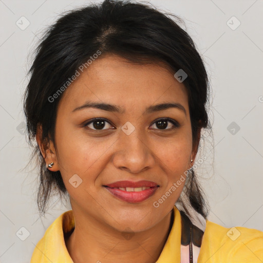 Joyful latino young-adult female with medium  brown hair and brown eyes