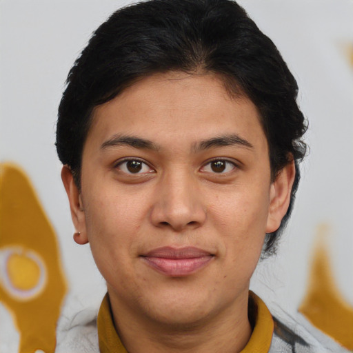 Joyful asian young-adult female with short  brown hair and brown eyes