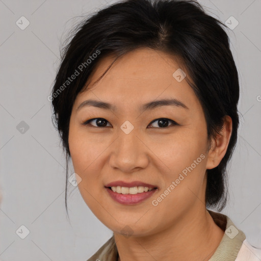 Joyful asian young-adult female with medium  brown hair and brown eyes