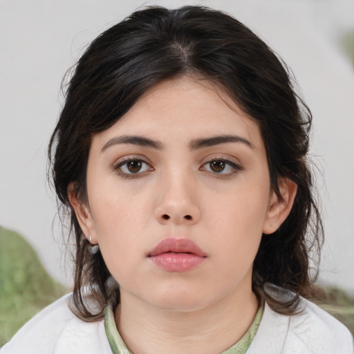Neutral asian young-adult female with medium  brown hair and brown eyes