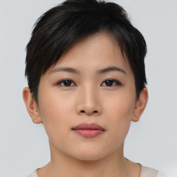 Neutral asian young-adult female with short  brown hair and brown eyes