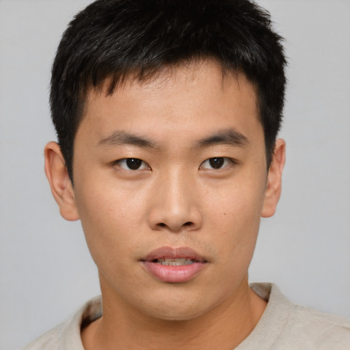 Neutral asian young-adult male with short  brown hair and brown eyes