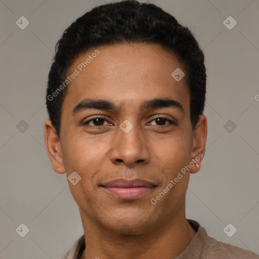 Neutral latino young-adult male with short  brown hair and brown eyes