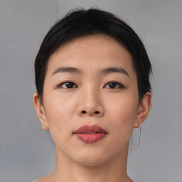 Neutral asian young-adult female with short  brown hair and brown eyes