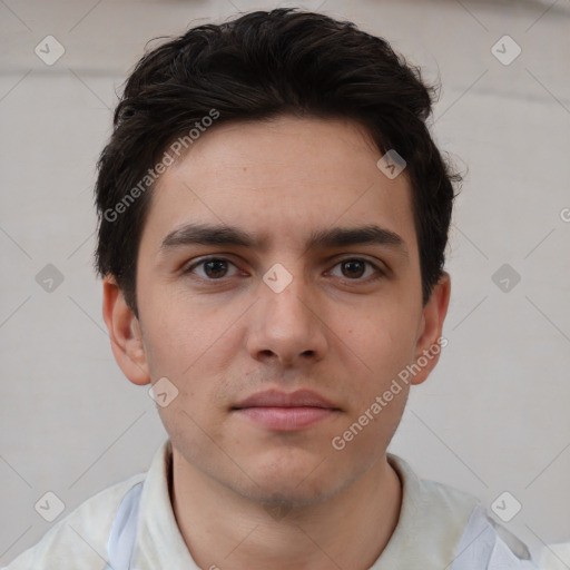 Neutral white young-adult male with short  brown hair and brown eyes