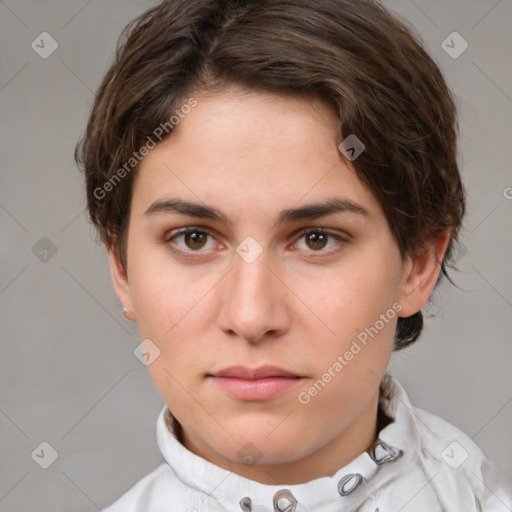 Neutral white young-adult female with medium  brown hair and brown eyes