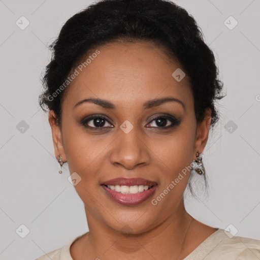 Joyful latino young-adult female with short  brown hair and brown eyes