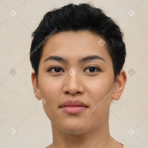 Joyful latino young-adult female with short  black hair and brown eyes