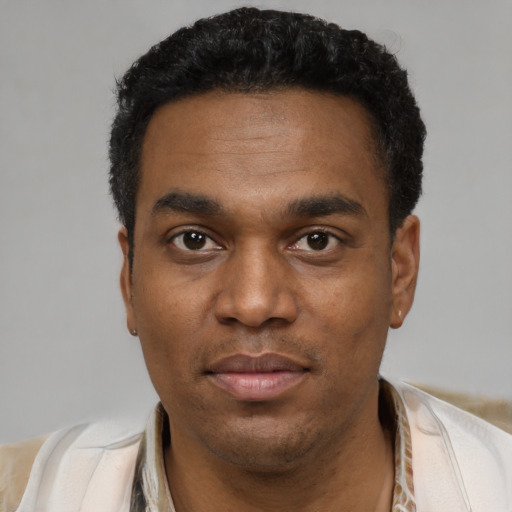 Neutral latino young-adult male with short  black hair and brown eyes