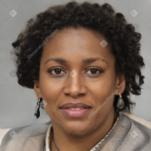 Joyful black adult female with short  brown hair and brown eyes