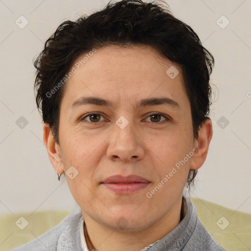 Joyful white adult female with short  brown hair and brown eyes